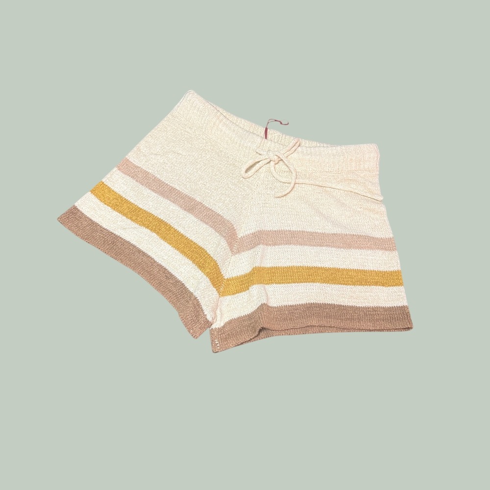Voy Women Striped Knit Lounge Shorts Cream Tan Yellow Brown Size S